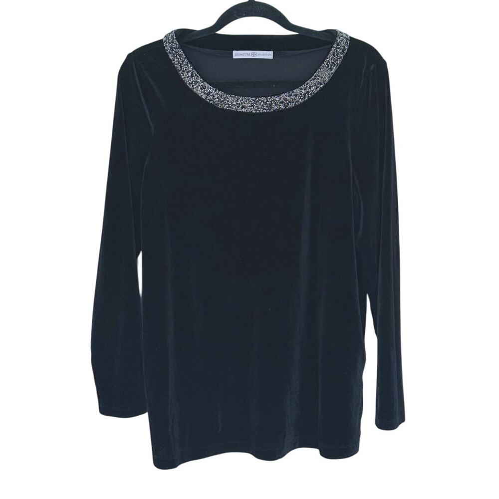 Signature Collection Womens Velour Rhinestone Collar Blouse Medium Black Glam
